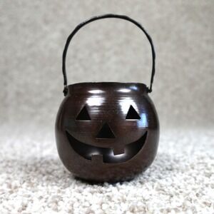 Vintage Hosley Bronze Metal Jack O Lantern Tea Light Holder Pumpkin Bucket